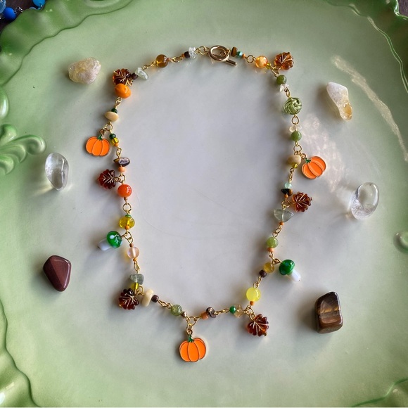 Pumpkin Patch Beaded Charm Necklace Fall Jewelry Mushroom Leaves Leaf Pendant - Picture 3 of 7